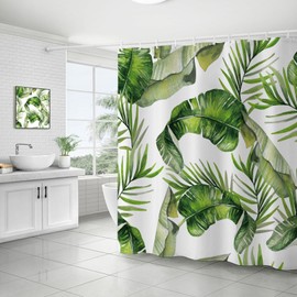 FAIRYGATE Green Shower Curtain Fabric Printed Waterproof Shower Curtains 180 * 180cm Painted Plantain Bamboo Leaf Waterproof and Mildewproof White Polyester Fabric Bathroom Curtain B8015