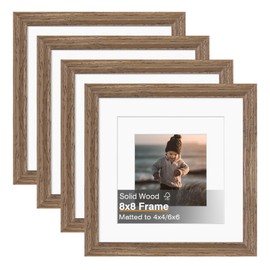 KINLINK 8x8 Picture Frame, Brown Square Solid Wood Frames for Pictures 4x4 and 6x6 with Mat or 8x8 without Mat, Wall and Tabletop Display Photo Frames Brown Wood 4 Pack