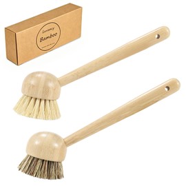 2 Pack Natural Kitchen Dish Brushes with Sisal & Palm Bristles, Long Bamboo Handle Scrubber for Dishes, Cast Iron Pans Pots and Vegetable Cleaning