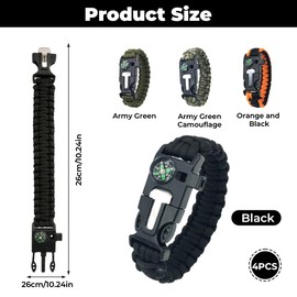 Pack of 4 Survival Bracelets, 5 in 1 Outdoor Survival Kit for Men Women, Outdoor Survival Bracelet with Flint + Compass + Whistle + Umbrella Rope + Mini Saw, Paracord Bracelet for Camping, Hiking