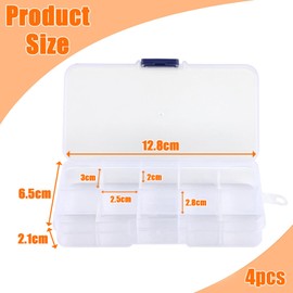 4 PCS Jewellery Storage Box, 10 Grids Plastic Organiser Box, Craft Storage Box with Adjustable Divider, Transparent Earring Storage Containers, Craft Case for Small Accessories
