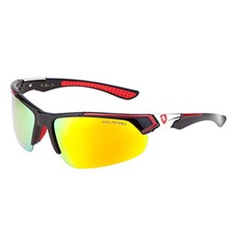 Khan Polarized Slim Semi Rimless Sport Wrap Around Sunglasses (Black, Silver & Red Frame, Yellow Flash Mirror)