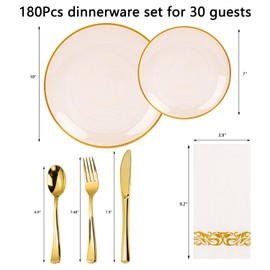 N9R 180PCS Orange Plastic Plates with Gold Trim, Disposable Party Dinnerware Set for 30 Guests, Include 30 Dinner & Salad Plates, Napkins, Forks, Spoons, Knives, Perfect for Wedding, Dinner Party