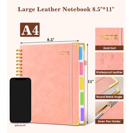 Hardcover Large Spiral Notebook 8.5" x 11" with Removable Dividers Tabs, 300 Pages Leather 5 Subject Notebook College Ruled, A4 Journal for Women Men, Notebooks for Work School Note taking, Pink