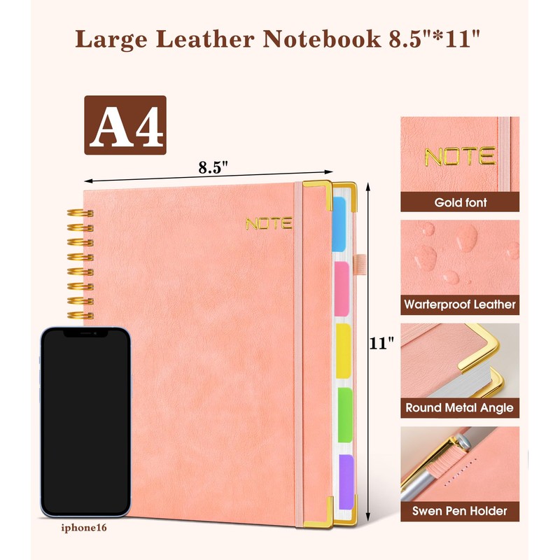 Hardcover Large Spiral Notebook 8.5" x 11" with Removable Dividers