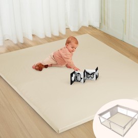 Baby Play Mat 50x50 Thicken Foam Cushioned & Waterproof Playpen Mat with Baby Book, 1.3" Thick Non-Toxic Cushioned, Waterproof Soft Crawling Mat for Infants and Toddlers, Wipe-Clean Playmat, Beige