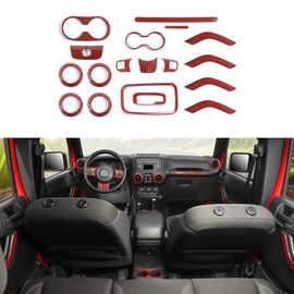 RAZPOY JK 18PCS Interior Trim Kit, Steering Wheel Trim & Gear Shift Cover Air Conditioning Vent Trim Compatible with 2011-2017 Jeep Wrangler JK 4-Door, Red Carbon Fiber