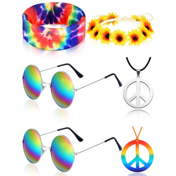 Frienda Hippie Costume Set, Hippie Sunglasses, Peace Sign Necklace and Tie Dye Headband for 60s 70s Accessories(Sunflower) Multicoloured