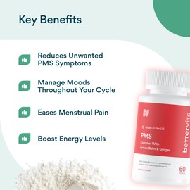 Bettervits PMS Complex | Period Pain | Cramps | Mood Swings | Regulation with Ashwagandha, Vitamins B, Calcium & More.