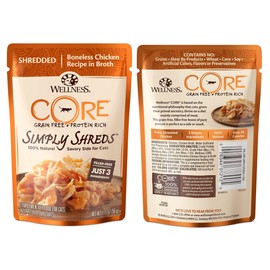 Wellness CORE Simply Shreds Natural Grain Free Wet Cat Food Topper Variety Pack, 4 Flavors, 1.75 Ounce (12 Total Pouches)