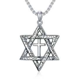 KXJ Classic Star of David Necklace S925 Sterling Silver Jewish Necklace for Men Women Hexagram with Cross Pendant with 22+2 Inches Stainless Steel Rolo Chain Israel Protection Jewelry Gifts for Boys Son Brother Birthday Christmas, Sterling Silver, No Gem