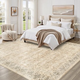 8x10 Area Rug Living Room: Washable Neutral Vintage Large Rugs Non-Slip Stain Resistant Soft Low Pile Indoor Retro Carpet for Bedroom Dining Room Under Table Office Playroom - Light Brown