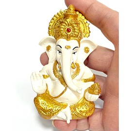 POPPIP Hindu God Ganesha Idol Gold and White Color Thai Crafe Resin Figure Statue Sculpture for Adult Diwali Gifts Indian Puja Items Car Decor Home altars, desks Collectible H 3.5 x 2 x 1.5 inches