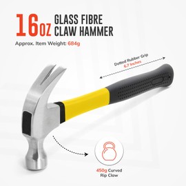 ZAVIA Claw Hammer 16oz Carbon Steel Nail Remover and Nail Puller | 450g Curved Claw Hammers for Carpenters & Electricians Framing Hammer with Non-Slip Rubber Grip | Solid Fiberglass Shaft