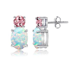 Opal Stud Earrings - Sterling Silver Synthetic White Opal & Pink Tourmaline Double Solitaire Stud Earrings for Women