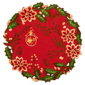 Simhomsen Embroidered Christmas Poinsettia Round Table Doily Placemats Coasters Set of 4 (Poinsettia A)