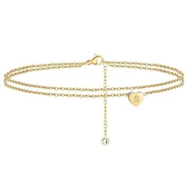 26 Initials Double Layer Anklet, Beautiful Simple Ankle Jewelry Beach Vacation Ankle Chain for Women and Girls (S)