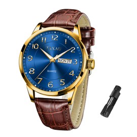 Taxau Watches Men's Waterproof Quartz Wrist Watches for Men Large Dial Men's Watch with Day - Date, 8405-brown strap blue dial
