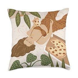 Takeout Pizza, Potted House Plant And Night In Art Pepperoni Pizza Slice with Plants and Food Lover Woman Throw Pillow, 18x18, Multicolor