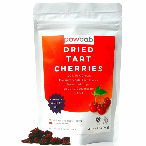 powbab Dried Tart Cherries - 100% USA Montmorency Organic, Unsweetened (3.2 oz)