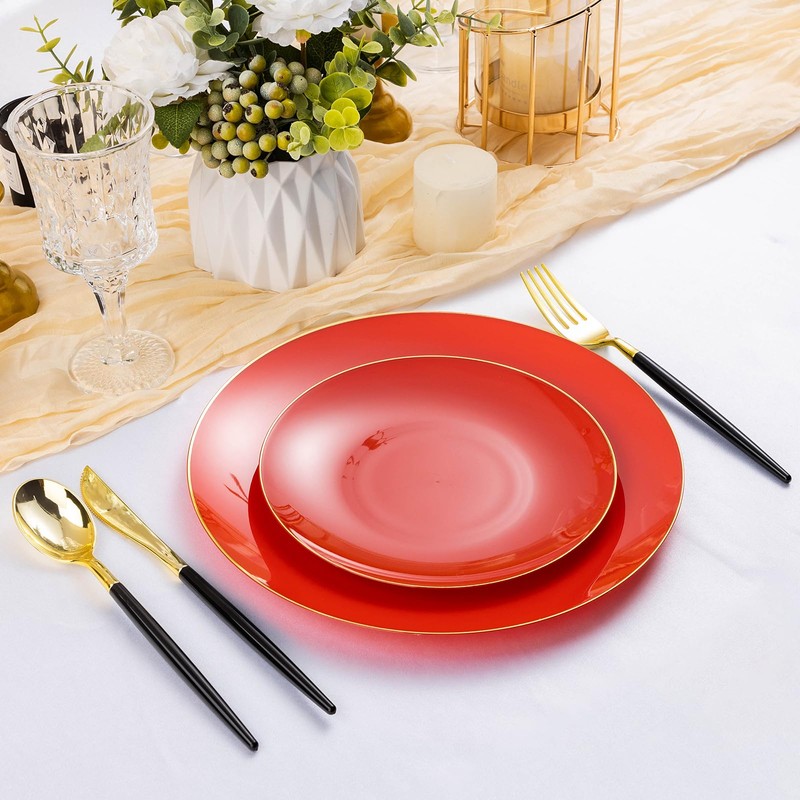 100PCS Red Gold Plastic Plates for 50 Guests, Hefty Disposable