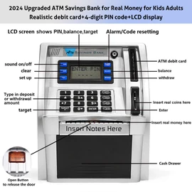 2025 Upgraded ATM Saving Piggy Bank for Real Money for Kids Adults Personal ATM Savings Bank Machine with Card, Password Login, Coin Recognition, Bill Feeder, Balance Calculator, Electronic Safe Box