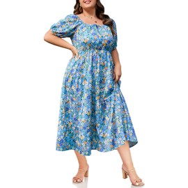 Moon Wood Women's Plus Size Casual Maxi Dress Summer Puff Sleeve Floral Dress Square Neck Tiered Long Dresses with Pockets