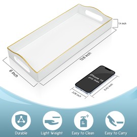 Gifturbo White Bathroom Vanity Tray,Gold Edged Decorative Tray with Handles, Small Rectangular Counter Tray for Perfume, Candle, Jewelry, Cosmetics