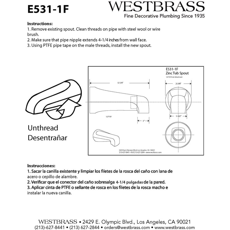 Westbrass E531-1F-50 5-1/4" Standard Front Connection Tub Spout, Powder Coat