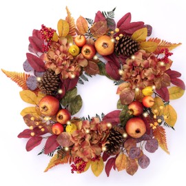 DecorbyHannah Fall Wreaths for Front Door, 24 inch Pre-Lit Autumn Wreath with Golden Boxwood Pinecone Pomegranate Leaves for Harvest Thanksgiving Home Wall Window Indoor Outdoor Decor