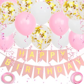 Happy Birthday Banner, Pink Birthday Decoration, 16 pcs 12 inch Happy Birthday Balloons with 2 Ribbons for Girl and Women Birthday Party Decoration