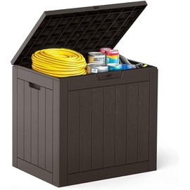 DUMOS 31 Gallon Deck Box, Lockable Outside Storage Box for Outdoor Use, Outside Waterproof Resin Package Delivery Box for Backyard Patio Garden, Brown