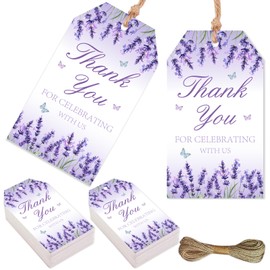 Funmemoir 50PCS Lavender Favor Tags, Lavender Flower Butterfly Party Decorations, Thank You for Celebrating with Us Tags for Lavender Floral Baby Shower Birthday Bachelorette Party Supplies
