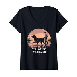 Womens Local Boy Black Lab Marsh Scene Sunset Vintage Country V-Neck T-Shirt