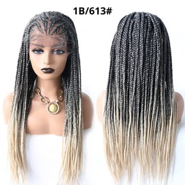 RESHE 6 1/2"X13" Lace Front Braided Wigs For Black Women Cornrow Box Braids Wigs With Baby Hair for African American Women Hand Tied Braids Knotless Synthetic Braiding Wig (#1B/613)