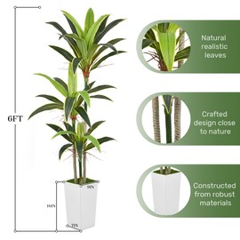 Aritificial Dracaena Tree 6FT Faux Floor Plant in Tall White Pot with Realistic Trunks and 46 Leaves Fake Tropical Yucca Plant for Home Office Decor Indoor Outdoor Housewarming Gift