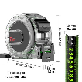 7.5M/24.6ft Tape Measure,Fluorescent Precision Measuring Tape, Width 25mm Transparent Steel Precision Measuring Tape,Easy To Read Self-Lock Double Sided Graduated Tape Measure.