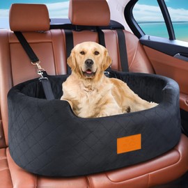 Feporen Dog Car Seat for Medium Dogs Up to 50 lbs, Pet Booster Seat for Cars SUVs and Trucks, Travel Dog Bed with Safety Strap, Thick Cushion, Non-Slip Base, Washable and Portable (Black)