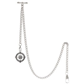 TREEWETO Reloj de bolsillo para hombre, cadena Albert, 2 ganchos con colgante de brújula antigua, diseño con colgante en forma de T, Plateado