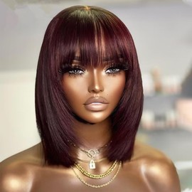 Jnymell Burgundy Pixie Cut Short Bob With Bangs Brazilian 99j Straight Bob With Bangs 13x4 HD Transparent Lace Front Human Hair Wigs For Women 150% Density Remy Short Bob Straight Hair Wigs 8"