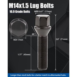 GAsupply 14x1.5 Lug Bolts, Compatible with Mercedes Benz Vehicles, 20pcs Black Conical Seat 45mm Shank Lug Studs for Wheel Spacers, 17mm Hex, 45mm Thread Length Extended Wheel Hub Bolt