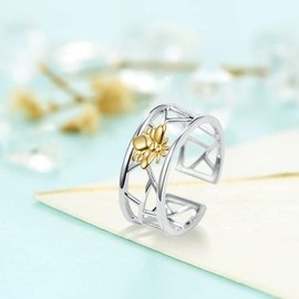 KINGWHYTE Bee Ring 925 Sterling Silver Bee Open Ring Adjustable Animal Rings Jewellery Birthday Christmas Gifts for Women
