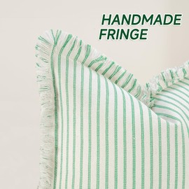 ZWJD Throw Pillow Covers 20x20 Set of 2 Green Striped Pillow Covers with Fringe Chic Cotton Decorative Pillows Square Cushion Covers for Sofa Couch Bed Living Room Farmhouse Spring Decor