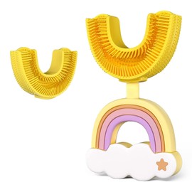 Baby & Kleinkind Zahnbürste 2-6 Jahre, U-förmige 360° Silikon Zahnbürste für Kinder, kaubare weiche Borsten, volle Mundreinigung, inklusive 1 Bürste + 1 Kopf (Rosa) (Orange)