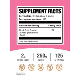 BulkSupplements.com Monk Fruit Powder - Monk Fruit Sweetener, Sugar Substitute for Baking - Pure & Gluten Free, 2g per Serving, 250g (8.8 oz) (Pack of 1)