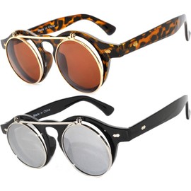 OWL 2 Pack Flip Up Steampunk Vintage Retro Round Circle Gothic Hippie Black Leopard Plastic Frame Sunglasses Brown Silver Mirror Lens