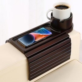 BAMTRAY Couch Cup Holder Tray, 15.75" Bamboo Cup Holder for Couch, 3 in 1 Foldable Arm Chair Clip on Side Tray Table for Remote Snack Table on Armrest
