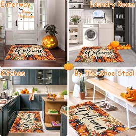 Ileading Fall Door Mat 32"x48", Hello Pumpkin Doormat, Washable Non Slip Welcome Mats for Front Door, Autumn Harvest Thanksgiving Entry Mat Indoor Outdoor Low Profile Floor Mat for Entryway