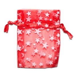 100-Pack 2x2.5 Sheer Organza Drawstring Gift Bags (X-Small) - Metallic Stars (Red/White) - Wedding Party Favors, Jewelry, Candy, Treats Mesh Pouch by The Display Guys