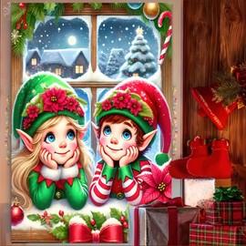 BlissYard Merry Christmas Window Decoration Door Cover Hanging Banner Elf Backdrop Curtain Xmas Photography Background Outdoor Holiday Party Wall Garage Door Decor Photo Booth Props 31x47